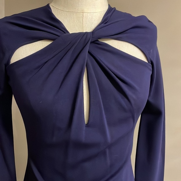 NWT HALSTON  HERITAGE cut out dress long sleeve fitted stretch midnight blue 4 - Picture 3 of 13